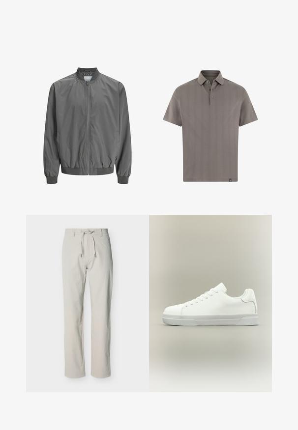 Veste bomber grise en matériau lisse et léger, avec une fermeture éclair intégrale à l'avant, des poignets côtelés et une taille ajustée. Design simple sans motifs.; Polo à manches courtes en gris clair, confectionné dans un tissu texturé à rayures verticales, doté d'un col et d'une patte de boutonnage à trois boutons.; Pantalon beige droit avec passants pour ceinture et ceinture en tissu nouée, présenté à plat sur un fond blanc.; Baskets basses blanches à lacets, doté d'un col rembourré et d'une semelle en caoutchouc texturée, présentées de profil sur un fond neutre.
