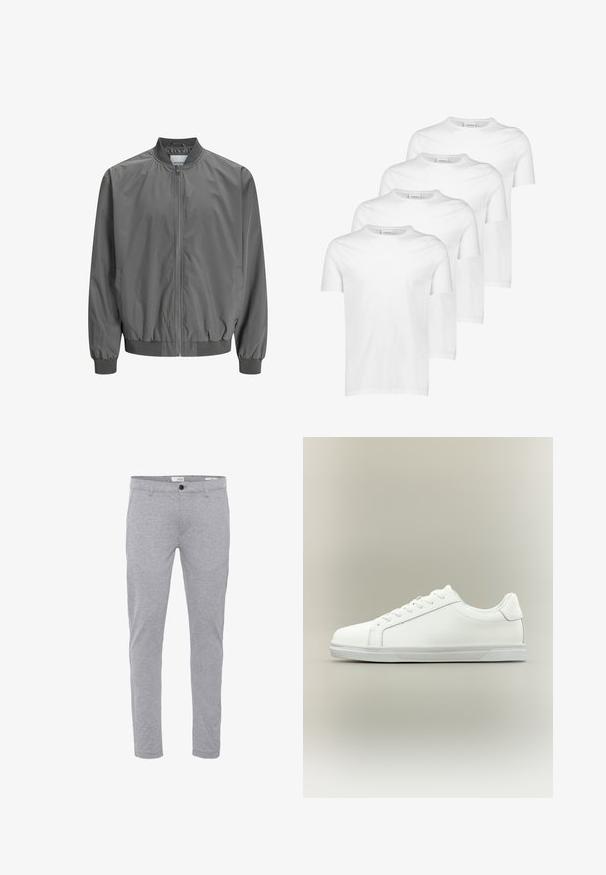 Veste bomber grise en matériau lisse et léger, avec une fermeture éclair intégrale à l'avant, des poignets côtelés et une taille ajustée. Design simple sans motifs.; T-shirts en coton blanc, à manches courtes, col rond, texture lisse, quatre pièces empilées avec un design uniforme et sans motifs ni accents.; Pantalon slim gris clair avec fermeture par bouton et zip à l'avant, poches avant et passants pour ceinture.; Baskets blanches basses à lacets sur l'avant avec semelle en caoutchouc texturée, sur fond neutre uni.