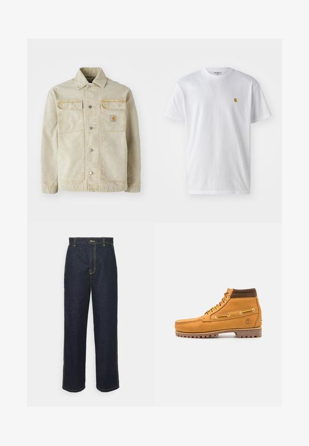 Chaqueta de denim beige con cierre de botones, dos bolsillos en el pecho, costura sutil y un pequeño parche logotipo en el bolsillo izquierdo.; Camiseta de algodón blanca con mangas cortas, cuello redondo, que presenta un pequeño logo dorado en la parte izquierda del pecho. Textura suave y corte regular.; Jeans de mezclilla oscuros de pierna ancha con costuras amarillas, que cuentan con un cierre frontal de botón y bolsillos laterales. Textura suave y diseño tradicional.; Timberland AUTHENTIC MID LACE BOOT - Botines con cordones - wheat