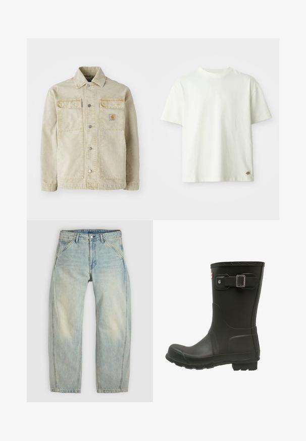 Veste en denim beige avec une fermeture à boutons, deux poches poitrine, des coutures discrètes et un petit patch logo sur la poche gauche.; T-shirt en coton blanc avec un col rond, des manches courtes et une coupe décontractée. Présence d'une petite étiquette logo sur le côté inférieur. Texture lisse.; Jean large couleur bleu clair en denim. Comprend cinq poches, une fermeture par bouton et des zones délavées pour un aspect usé.; Botte de pluie en caoutchouc noir avec un bout arrondi, une sangle boucle au-dessus et une semelle texturée pour une meilleure adhérence.