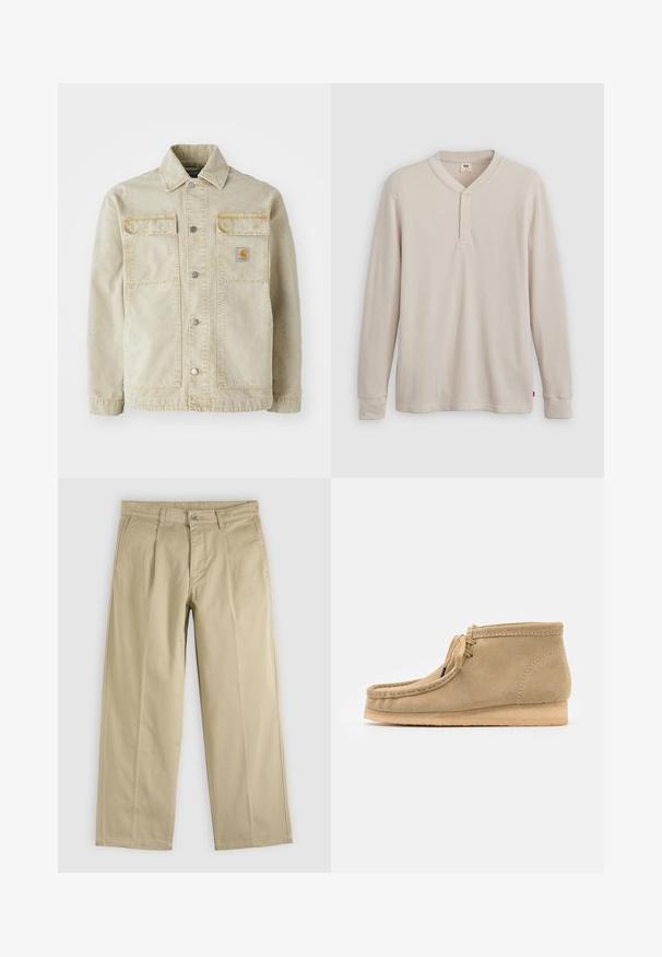 Beige Denimjacke mit Knopfverschluss, zwei Brusttaschen, dezenten Nähten und einem kleinen Logo-Patch auf der linken Tasche.; Langärmliges Henley-Shirt aus leicht beigem Rippstoff mit V-Ausschnitt, Knopfleiste mit drei Knöpfen und angeschnittenen Ärmeln. Roter Logo-Tag am Saum.; Beige gerade geschnittene Hose mit Vorderfalten, Gürtelschlaufen, Seitentaschen und Knopfverschluss am Bund.; Beige Wildleder-Stiefeletten mit runder Spitze, flacher Sohle und einfachem Schnürdesign. Verfügt über sichtbare Nähte und eine glatte Textur.