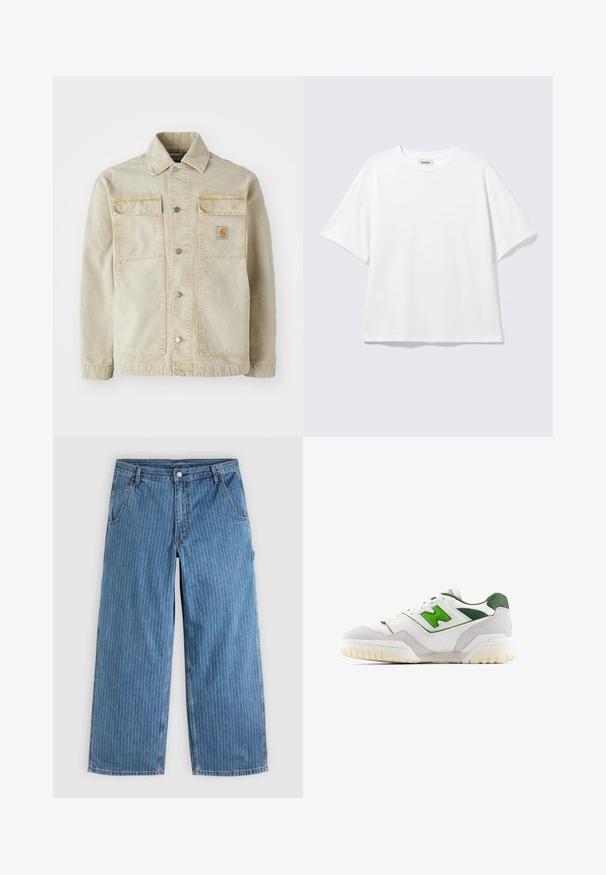 Chaqueta de denim beige con cierre de botones, dos bolsillos en el pecho, costura sutil y un pequeño parche logotipo en el bolsillo izquierdo.; Camiseta blanca de gran tamaño con mangas cortas, cuello redondo y hombros caídos, plana sobre fondo gris claro.; Vaqueros azules de pierna ancha con delgadas rayas blancas verticales, bolsillos delanteros, trabillas para el cinturón y cierre con botón en la cintura.; Zapatilla blanca con acentos verdes, hecha de cuero y ante. Presenta un upper texturizado, collar acolchado y una suela de goma con tacos visibles.
