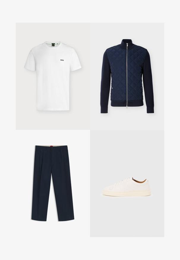 Dunkelblaue gesteppte Jacke mit durchgehendem Frontreißverschluss, geripptem Kragen und Bündchen sowie Druckknopf-Seitentaschen vor einfarbigem Hintergrund.; Schlichtes weißes T-Shirt mit kurzen Ärmeln und kleinem schwarzen "BOSS"-Logo auf der linken Brust, vor hellem Hintergrund gezeigt.; Dunkelblaue Hose mit weitem Bein, Gürtelschlaufen, vorderer Knopf- und Reißverschluss sowie seitlichen Taschen, auf weißem Hintergrund dargestellt.; Weißer Sneaker mit niedrigem Schaft und Schnürdesign, minimalen Nähten und einer cremefarbenen Sohle auf hellgrauem Hintergrund.
