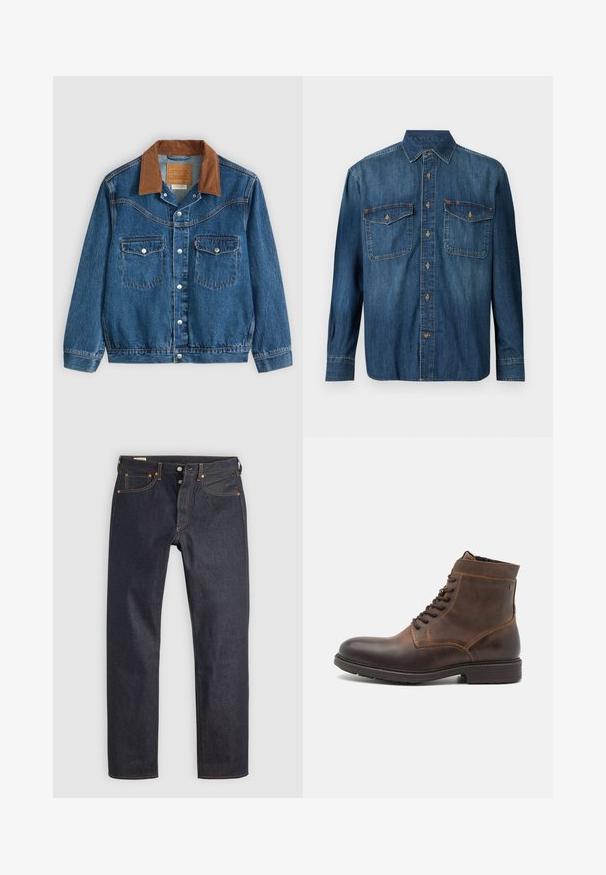 Blå denimjakke med brun fløjlskrage, sølvfarvede trykknapper foran og to brystlommer med knap.; Denim langærmet skjorte med knapper, to brystlommer og knaplukning ved manchetterne i en medium blå vask.; Mørkeblå denimjeans med lige ben, prydet med orange syninger og klassisk fem-lomme design. Lukning med knap og lynlås.; Jack & Jones JFWDELANEY BOOT - Snørestøvletter - cognac