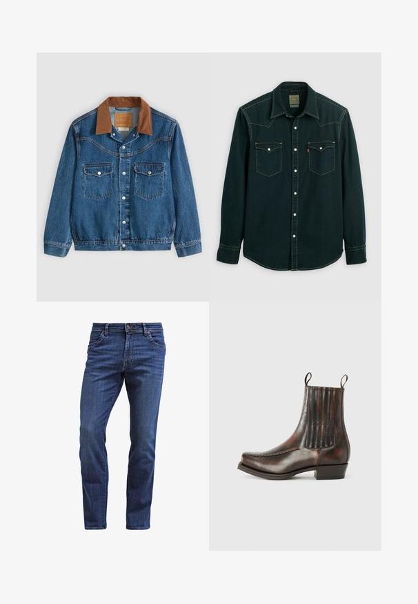 Veste en denim bleue avec un col en velours côtelé marron, des boutons-pression en métal argenté sur le devant, et deux poches poitrine à bouton.; Chemise boutonnée vert foncé en denim, dotée de deux poches poitrine avec des boutons-pression, de surpiqûres jaunes contrastantes et d'un col classique.; Jean en denim bleu foncé avec une coupe droite, comportant cinq poches, une fermeture à bouton et des effets d'usure subtils sur les cuisses.; Bottine en cuir marron avec une finition lisse, des panneaux élastiques sur les côtés, un bout rond, des coutures décoratives et un petit talon carré.