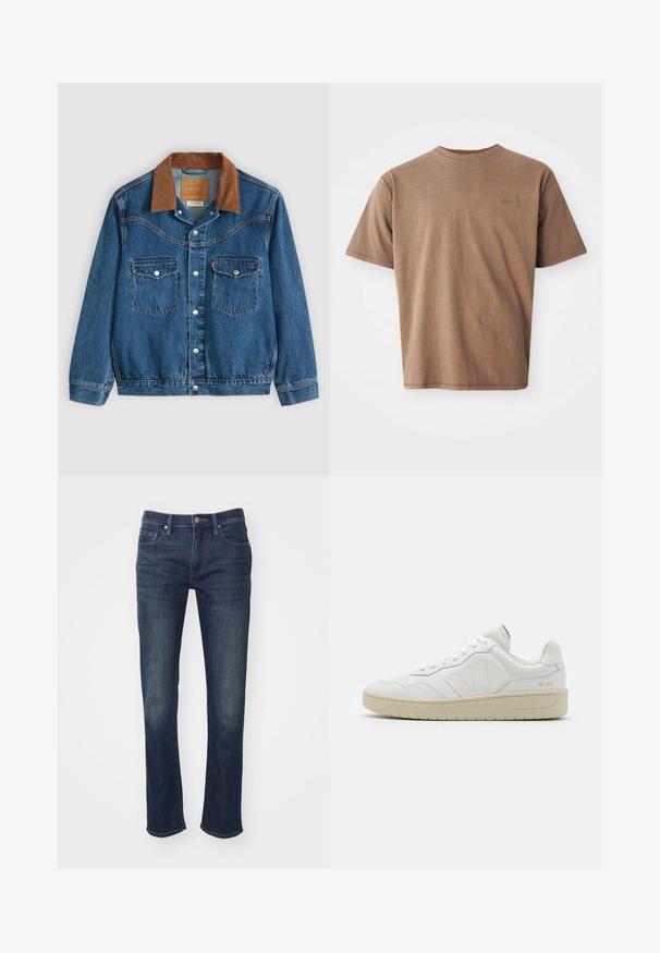 Veste en denim bleue avec un col en velours côtelé marron, des boutons-pression en métal argenté sur le devant, et deux poches poitrine à bouton.; T-shirt en coton marron avec un col rond, des manches courtes et un logo brodé discret sur le côté gauche de la poitrine. Texture lisse, coupe décontractée.; GAP SLIM SOFT SOLANO - Jean slim - dark wash; Baskets en cuir blanc avec une finition texturée et un col rembourré. Elles sont dotées d'une semelle en caoutchouc beige et d'une discrète branding sur le talon et le côté.