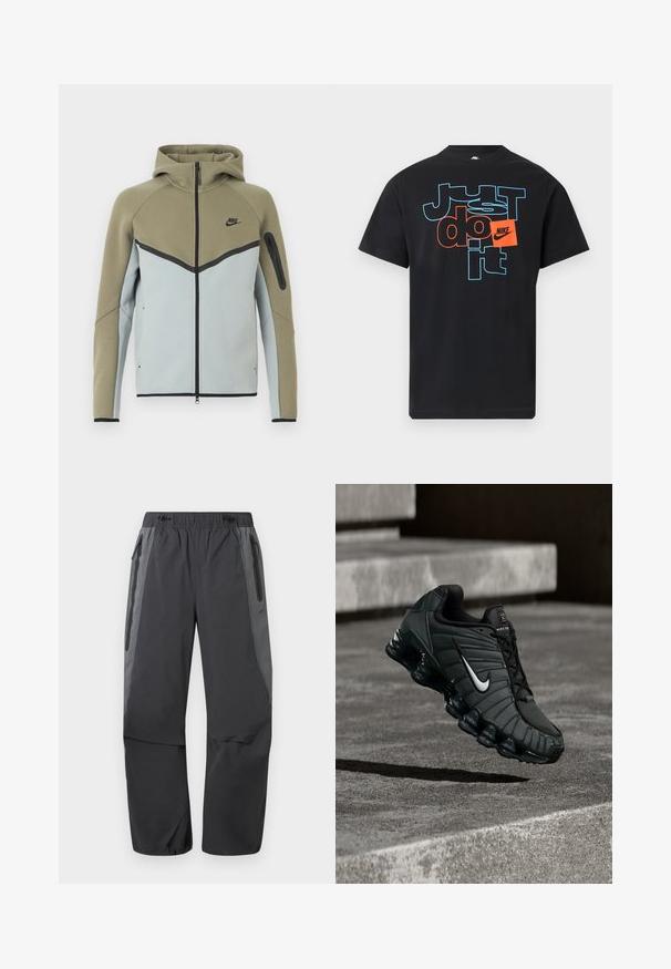 Φούτερ με φερμουάρ της Nike, με ελιά πράσινο στο πάνω μέρος, ανοιχτό γκρι στο κάτω, μαύρες λεπτομέρειες, τσέπη με φερμουάρ στο μανίκι και ραμμένο κουκούλα, παρουσιασμένο από μπροστά.; Μαύρο T-shirt Nike με το κείμενο «Just do it» σε μπλε περίγραμμα και πορτοκαλί μπλοκ γράμματα, με πορτοκαλί μπαλώμα λογότυπου Nike στο στήθος.; Σκούρο γκρι και μαύρο παντελόνι πεζοπορίας με ελαστική μέση και φερμουάρ σε πλαϊνές τσέπες, σχεδιασμένο για υπαίθριες δραστηριότητες.; Αθλητικό παπούτσι Nike σε σκούρο πράσινο, με λείο συνθετικό άνω μέρος, υφή από διχτυωτό υλικό, μαύρα κορδόνια και γυαλιστερή σόλα με αεροθάλαμο.