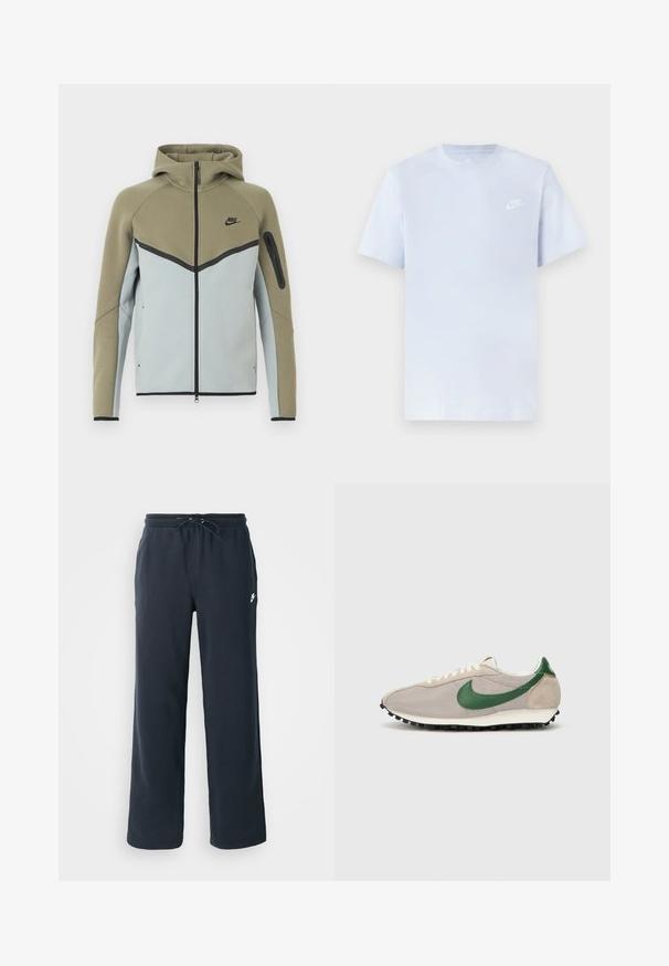 Nike-hoodie met ritssluiting, olijfgroene bovenkant, lichtgrijze onderkant, zwarte bies, ritssluitingzak op de mouw en een aangezette capuchon, vooraanzicht.; Lichtblauwe katoenen t-shirt met korte mouwen, ronde hals en een wit Nike-logo gedrukt op de linkerborst. Glad textuur, eenvoudig ontwerp.; Donkerblauwe joggingbroek met een elastische tailleband en een trekkoord. Gemaakt van zachte stof, met een klein wit logo op de linkerheup.; Beige hardloopschoenen met groene suède accenten, een gestructureerde mesh bovenzijde, crèmekleurige veters en een zwarte rubberen zool met gripnoppen.