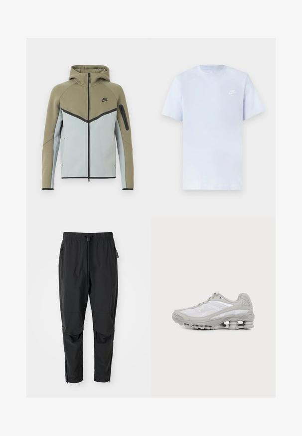 Sudadera Nike con cremallera, parte superior en verde oliva, parte inferior en gris claro, ribetes negros, bolsillo con cremallera en la manga y capucha adjunta, mostrada de frente.; Camiseta de algodón de color azul claro con mangas cortas, cuello redondo y un logo blanco de Nike impreso en el pecho izquierdo. Textura suave, diseño sencillo.; Pantalones ligeros negros con cintura elástica, cordón ajustable, bolsillos laterales con cremallera, rodilleras articuladas y cremalleras en los tobillos.; Zapatilla deportiva gris y blanca con suela visible de amortiguación de aire y paneles de malla, mostrada de perfil sobre un fondo claro y sencillo.