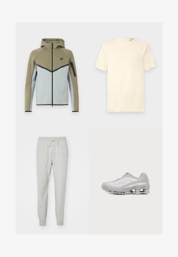 Nike-hoodie met ritssluiting, olijfgroene bovenkant, lichtgrijze onderkant, zwarte bies, ritssluitingzak op de mouw en een aangezette capuchon, vooraanzicht.; Licht crèmekleurig katoenen T-shirt met korte mouwen en een ronde halslijn. Heeft een klein wit Nike-logo aan de linkerkant van de borst.; Grijze sweatpants gemaakt van zacht materiaal met een elastische tailleband, een trekkoordsluiting en ribgebreide boorden. Voorzien van een klein logo aan de zijkant.; Grijze en witte sportschoen met zichtbare luchtkussenzool en meshpanelen, in profiel weergegeven op een eenvoudige lichte achtergrond.