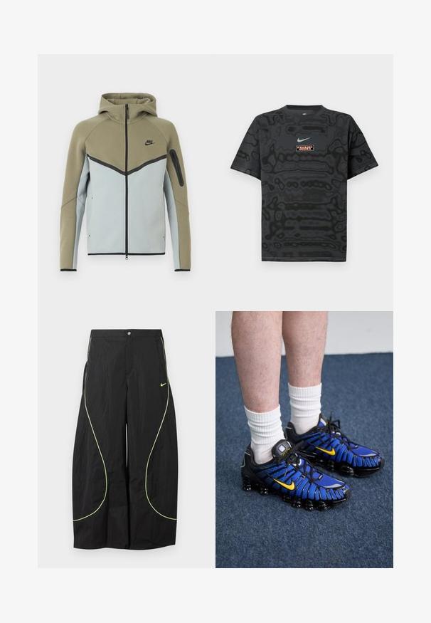 Nike hættetrøje med lynlås, olivengrøn øverste del, lysegrå nederste del, sort kant, lynlåslomme på ærmet og fasthætte hætte, vist forfra.; Sort T-shirt med et tekstureret mønster, der har en lille Nike-logo i lyseblå og en rektangulær logo-patch i kontrastfarver.; Sorte Nike bukser med brede ben, med neon-grøn buet piping og lille Nike swoosh-logo på højre lår, knap- og lynlåslukning i taljen.; Blå og sorte sportssko har et mesh-design, gule accenter og en segmenteret sål. Bæres med hvide ankelstrømper.