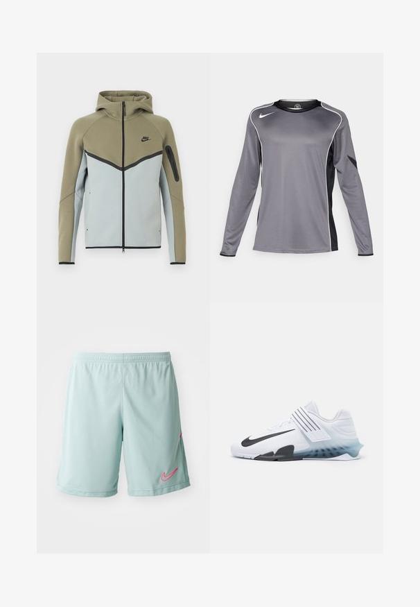 Sweat à capuche Nike zippé avec partie supérieure vert olive, partie inférieure gris clair, bordure noire, poche zippée sur la manche, et capuche attachée, présenté de face.; T-shirt de sport à manches longues en gris avec des accents noirs. Fabriqué en tissu lisse et léger. Présente un passepoil blanc le long des épaules.; Shorts de sport bleu clair avec une texture en mesh, arborant un logo Nike rose sur le côté gauche et une taille élastique.; Baskets blanches avec le swoosh noir de Nike, tige en maille, trois rayures noires et une semelle dégradée allant du bleu au transparent. Présente des accents renforcés.