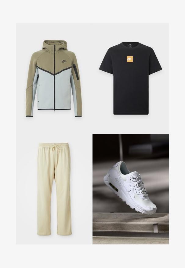 Nike-hoodie met ritssluiting, olijfgroene bovenkant, lichtgrijze onderkant, zwarte bies, ritssluitingzak op de mouw en een aangezette capuchon, vooraanzicht.; Zwart Nike T-shirt met korte mouwen, voorzien van een klein oranje vierkant logo en een witte Nike-swoosh in het midden van de borst.; Lichtbeige sweatpants met een trekkoord in de taille, taps toelopende pijpen en een zachte textuur. Heeft een subtiel merkje op het onderbeen.; Witte Nike Air Max 90 sneaker met een bovenwerk van mesh en leer, een geperforeerde teenbox en een zichtbare luchtunit in de hiel.