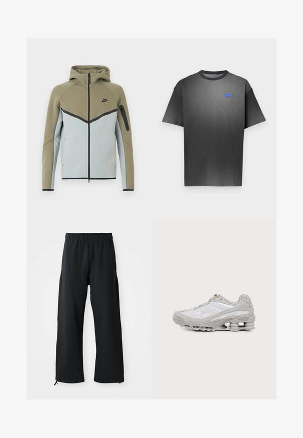 Nike hættetrøje med lynlås, olivengrøn øverste del, lysegrå nederste del, sort kant, lynlåslomme på ærmet og fasthætte hætte, vist forfra.; Grå T-shirt med korte ærmer, der har en subtil gradient, rund hals og et lille blåt logo på brystet. Glat stofstruktur.; Sorte bukser med brede ben lavet af blødt stof, med elastisk talje og snøre, sidelommer og en glat overflade.; Grå og hvid atletiksko med synlig luftpolstret sål og mesh-paneler, vist i profil på en ensartet lys baggrund.