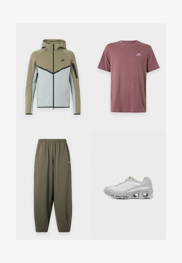 Nike hættetrøje med lynlås, olivengrøn øverste del, lysegrå nederste del, sort kant, lynlåslomme på ærmet og fasthætte hætte, vist forfra.; Vinrød bomuld t-shirt med korte ærmer, rund hals og en pink Nike-logo på venstre brystområde. Glat tekstur, standard pasform.; Grågrønne sweatpants med elastisk talje og manchetter. Har minimal branding i matchende tråd på siden. Blød tekstur.; Grå og hvid atletiksko med synlig luftpolstret sål og mesh-paneler, vist i profil på en ensartet lys baggrund.
