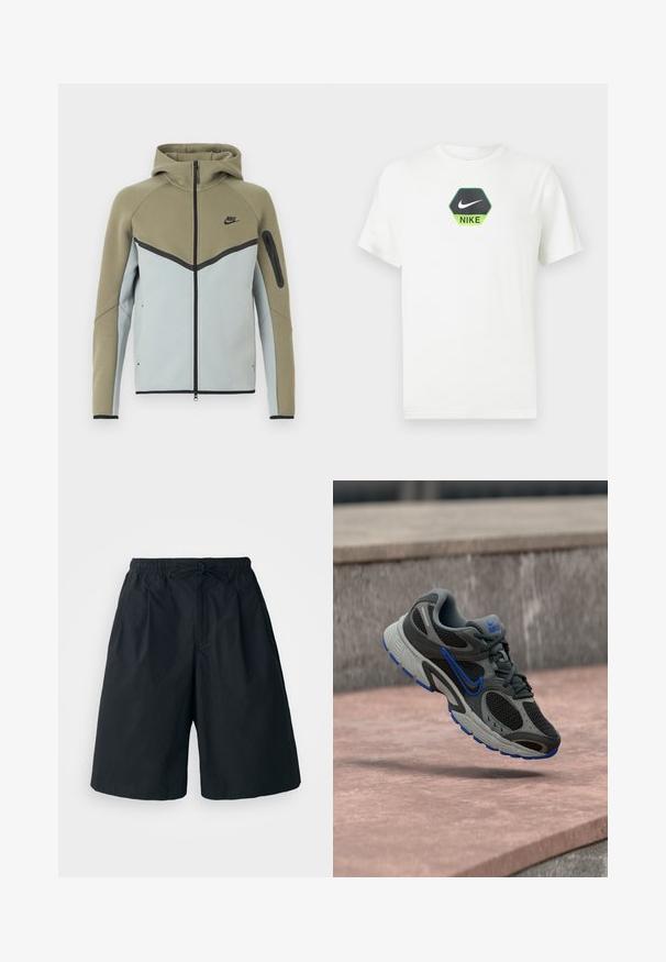 Sudadera Nike con cremallera, parte superior en verde oliva, parte inferior en gris claro, ribetes negros, bolsillo con cremallera en la manga y capucha adjunta, mostrada de frente.; Camiseta blanca de manga corta de Nike con un logo hexagonal en negro y verde que incluye el swoosh de Nike y texto centrados en el pecho.; Pantalones cortos negros con cintura elástica y cordón ajustable. Hechos de una tela suave, con un corte holgado y sin patrones visibles.; Zapatilla de correr Nike en gris y negro con toques azules flotando sobre escalones de piedra al aire libre.