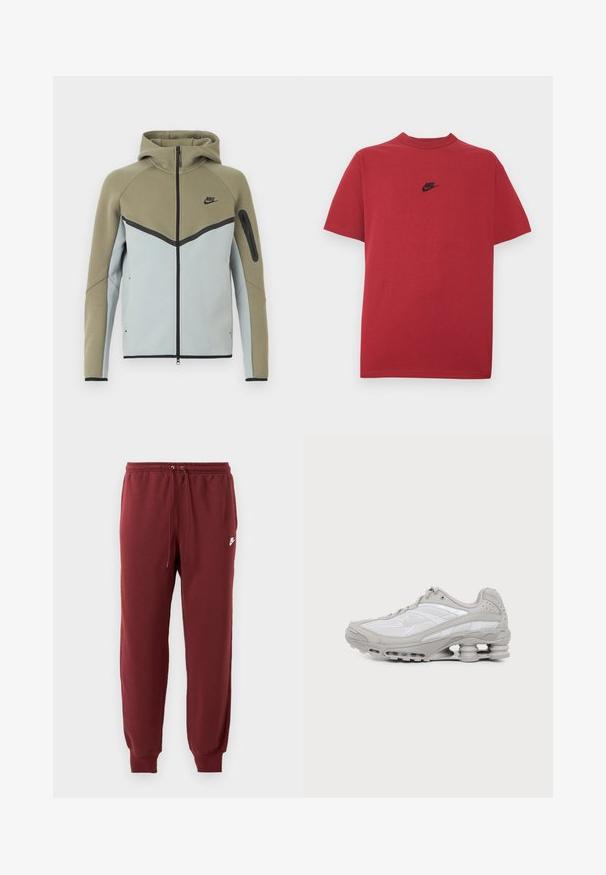 Sudadera Nike con cremallera, parte superior en verde oliva, parte inferior en gris claro, ribetes negros, bolsillo con cremallera en la manga y capucha adjunta, mostrada de frente.; Camiseta de algodón roja con un logo negro de Nike en el pecho, mangas cortas, cuello redondo y ajuste regular. Textura lisa.; Pantalones de chándal burdeos hechos de una tela suave, con una cinturilla elástica y cordón, y puños ajustados, marcados con un pequeño logotipo blanco.; Zapatilla deportiva gris y blanca con suela visible de amortiguación de aire y paneles de malla, mostrada de perfil sobre un fondo claro y sencillo.