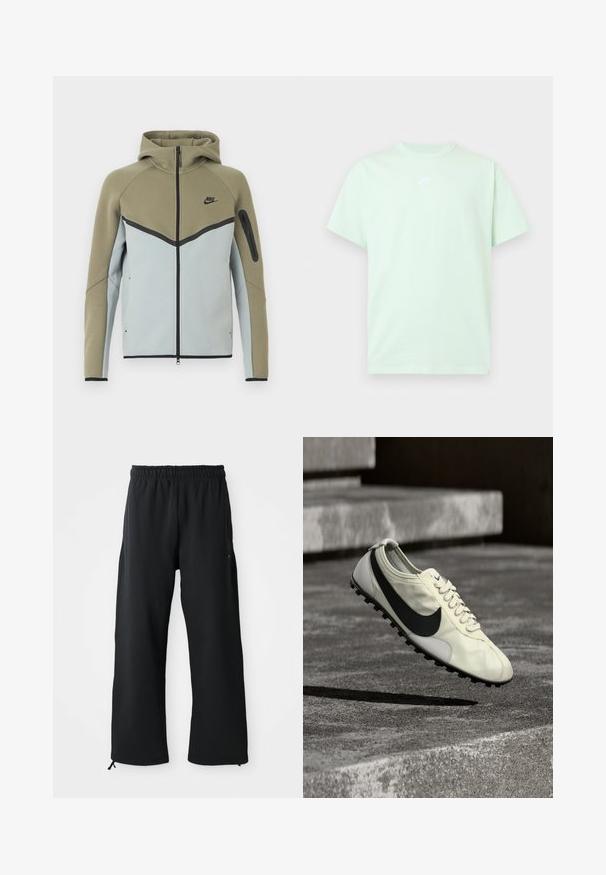 Nike hættetrøje med lynlås, olivengrøn øverste del, lysegrå nederste del, sort kant, lynlåslomme på ærmet og fasthætte hætte, vist forfra.; Lys grøn Nike T-shirt med korte ærmer, rund hals og lille hvidt logo centreret på brystet mod en ensfarvet baggrund.; Sorte bukser med brede ben lavet af blødt stof, med elastisk talje og snøre, sidelommer og en glat overflade.; Hvid Nike-sneaker med sort Swoosh-logo, snørebånd og gummisål med trækkraft, vist midt i luften over betonstrappen.