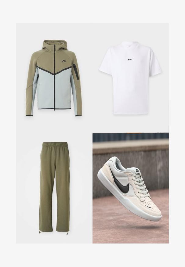 Mikina Nike na zips s olivovo zeleným horným dielom, svetlosivým dolným dielom, čiernym lemovaním, vreckom na zips na rukáve a pripevnenou kapucňou, zobrazená spredu.; Biele tričko s krátkym rukávom so čiernym logom Nike swoosh v strede hrudníka a jednoduchým okrúhlym výstrihom.; Olivovozelené bavlnené tepláky s elastickým pásom, rovnými nohavicami a nastaviteľnými šnúrkami na členkoch. Mäkko tkané, voľný strih.; Nike SB tenisky v svetlo šedej a smotanovej farbe, so zvrškom z semišu, čiernym swooshom, textúrovanými detailmi a bielou gumovou podrážkou.