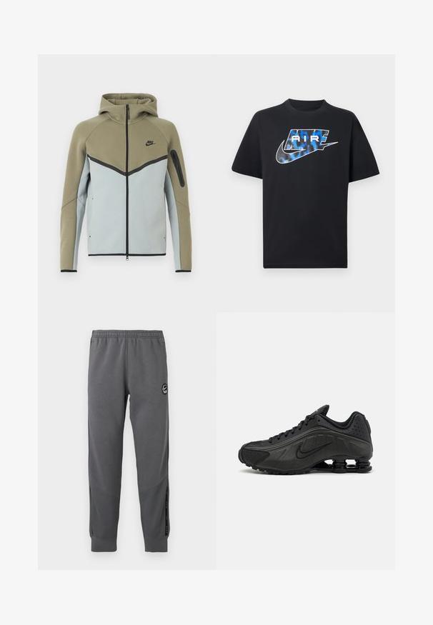 Nike hættetrøje med lynlås, olivengrøn øverste del, lysegrå nederste del, sort kant, lynlåslomme på ærmet og fasthætte hætte, vist forfra.; Sort t-shirt med korte ærmer med blå og hvide stiliserede "AIR"-bogstaver og Nike swoosh-logo på brystet.; Grå sweatpants lavet af blødt stof med elastisk talje, tætsiddende ben, sidelommer og en cirkulær logo-patch.; Sorte løbesko med en glat syntetisk overdel, perforerede detaljer, teksturerede sidedele og en distinkt fjedrende sål.