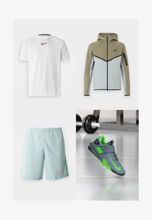 Nike-Kapuzenjacke mit Reißverschluss, olivgrün im oberen Bereich, hellgrau unten, schwarze Einfassung, Reißverschlusstasche am Ärmel und angenähter Kapuze, von vorne gezeigt.; Weißes Kurzarm-T-Shirt von Nike mit einem pinken Swoosh-Logo auf der Brust. Verfügt über einen runden Ausschnitt und einen glatten, leichten Stoff.; Hellblaue Sportshorts mit Mesh-Struktur, mit einem pinken Nike-Logo auf der linken Seite und einem elastischen Bund.; Grauer Sportschuh mit einem grünen Akzentriemen und einer Sohle, ausgestattet mit einem strukturierten Obermaterial und perforierten Details für Atmungsaktivität.