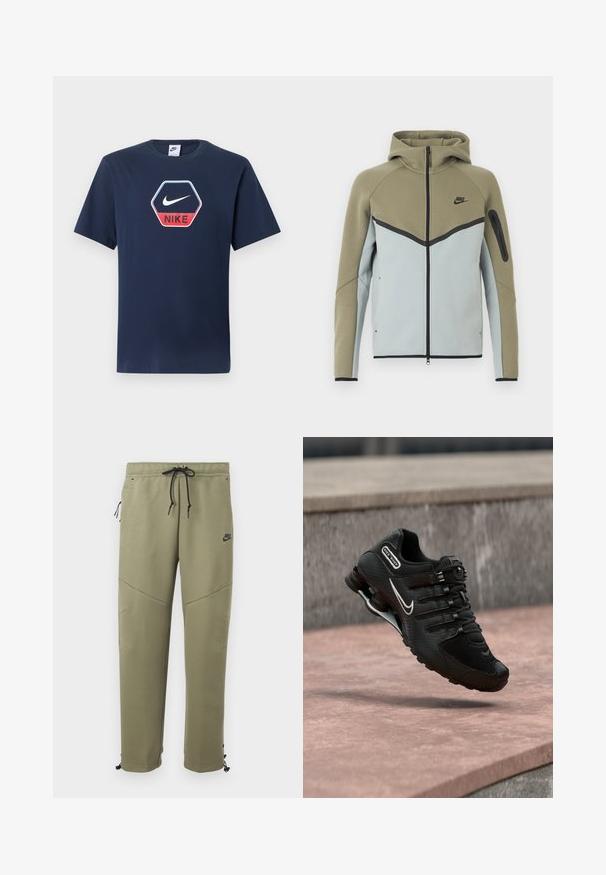 Nike hættetrøje med lynlås, olivengrøn øverste del, lysegrå nederste del, sort kant, lynlåslomme på ærmet og fasthætte hætte, vist forfra.; Mørkeblå Nike T-shirt med korte ærmer, rund hals og sekskantet logo med en hvid swoosh og rød "NIKE" tekst foran.; Olivengrønne Nike joggingbukser med sorte snore, lynlåslomme i siden, knæpaneler og justerbare ankelsnore.; Sort Nike Shox løbesko med hvid swoosh-logo, midt i luften over en rosa betonoverflade mod en grå stenmur som baggrund.