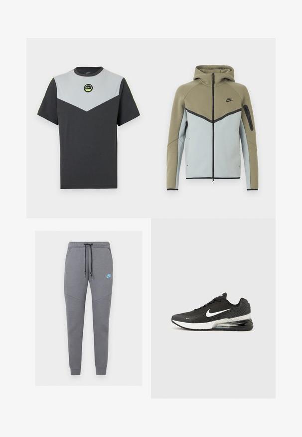 Nike hættetrøje med lynlås, olivengrøn øverste del, lysegrå nederste del, sort kant, lynlåslomme på ærmet og fasthætte hætte, vist forfra.; Kortærmet Nike T-shirt i mørkegrå og lysegrå med et chevron-design, cirkulært logo i grøn og kontrasterende neon accenter ved skuldrene.; Grå Nike joggingbukser med sort snor, elastisk talje, tilspidsede ben og lyseblåt Nike-logo på venstre lår.; Sort Nike Air Max 270 sneaker med hvid swoosh-logo, hvid mellemsål og synlig luftpude i hælen på en ensfarvet baggrund.
