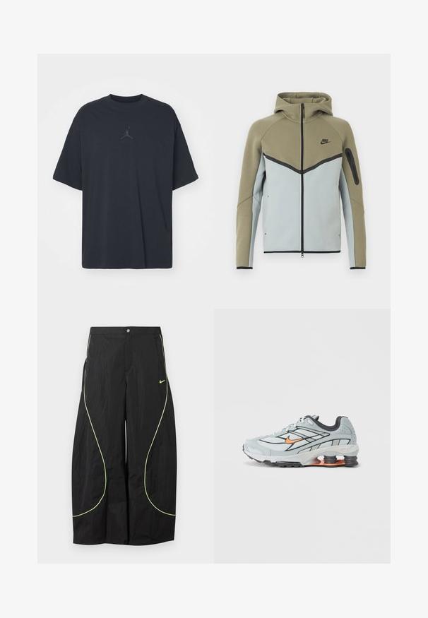 Mikina Nike na zips s olivovo zeleným horným dielom, svetlosivým dolným dielom, čiernym lemovaním, vreckom na zips na rukáve a pripevnenou kapucňou, zobrazená spredu.; Čierne bavlnené tričko s voľným strihom, okrúhlym výstrihom a krátkymi rukávmi, s jemným logom a textom "AIR" nad logom v strede.; Čierne nohavice Nike s širokými nohavicami, neónovo zeleným zakriveným lemovaním a malým logom Nike Swoosh na pravej stehne, zapínanie na gombík a zips v páse.; Svetlosivé bežecké topánky s čiernymi detailmi, oranžovým logom, sieťovaným vrchom, polstrovaným golierom a gumovou podrážkou s viditeľnými tlmiacimi jednotkami.