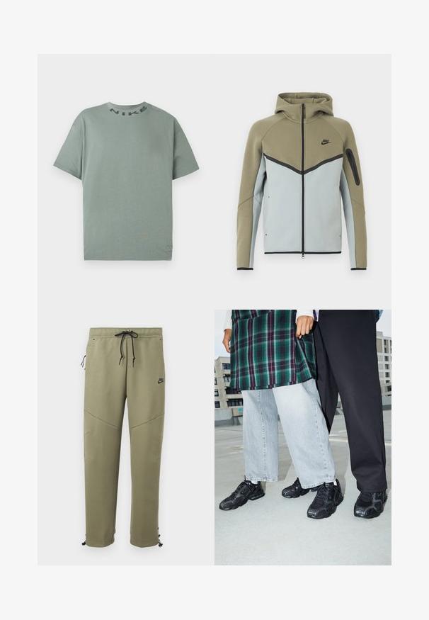 Nike hættetrøje med lynlås, olivengrøn øverste del, lysegrå nederste del, sort kant, lynlåslomme på ærmet og fasthætte hætte, vist forfra.; Lys grøn kortærmet Nike t-shirt med rund hals og sort "NIKE" tekst nær kraven, præsenteret på en helt hvid baggrund.; Olivengrønne Nike joggingbukser med sorte snore, lynlåslomme i siden, knæpaneler og justerbare ankelsnore.; Sorte atletik sko med mesh- og gummidetaljer. Båret med lysegrå vide jeans og en ternet grøn bluse. Flad overflade i baggrunden.