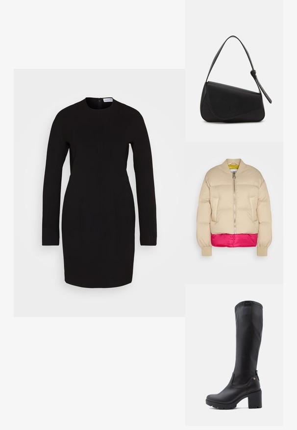 Marc O'Polo CHEVIGNON X MOP JACKET - Doudoune - jonesboro cream; Calvin Klein Robe de jour - black; Bottes noires montantes en cuir lisse avec un bout carré, un talon épais et une semelle en caoutchouc texturé. Présente un détail de logo discret.; Sac à main en cuir noir de forme triangulaire, avec un rabat incliné et une poignée supérieure arrondie. Il présente une texture lisse et des détails de design minimalistes.