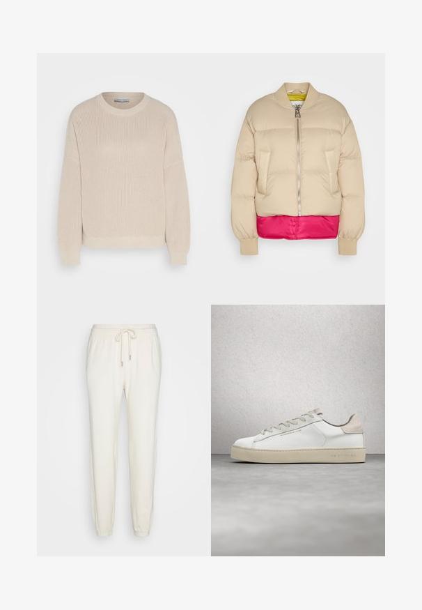 Marc O'Polo CHEVIGNON X MOP JACKET - Páperová bunda - jonesboro cream; Anna Field by Zalando Svetrík - grey; aerie TWIST SEAM JOGGER - Tepláky - toasted coconut; Biele kožené tenisky s hladkým povrchom, béžové sametové akcenty, okrúly špička, plochý dizajn na šnurovanie a štruktúrovaná gumová podrážka.