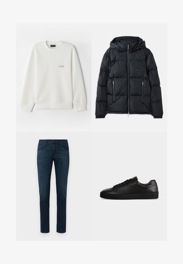 Sort puffjakke med lynlås foran, justerbar hætte, to lynlåslommer på siden og et struktureret, quiltet design. Har logo-patch.; Hvid sweatshirt lavet af blødt stof. Har rund halsudskæring og lange ærmer. Et lille gråt broderet logo er placeret på brystet.; Mørkeblå slim-fit jeans med fem lommer, frontknap og lynlås, præsenteret mod en hvid baggrund.; Sort lavtopet læder-sneaker med sorte snørebånd, tekstureret gummisål og lille præget logo på siden, vist i profil mod grå baggrund.