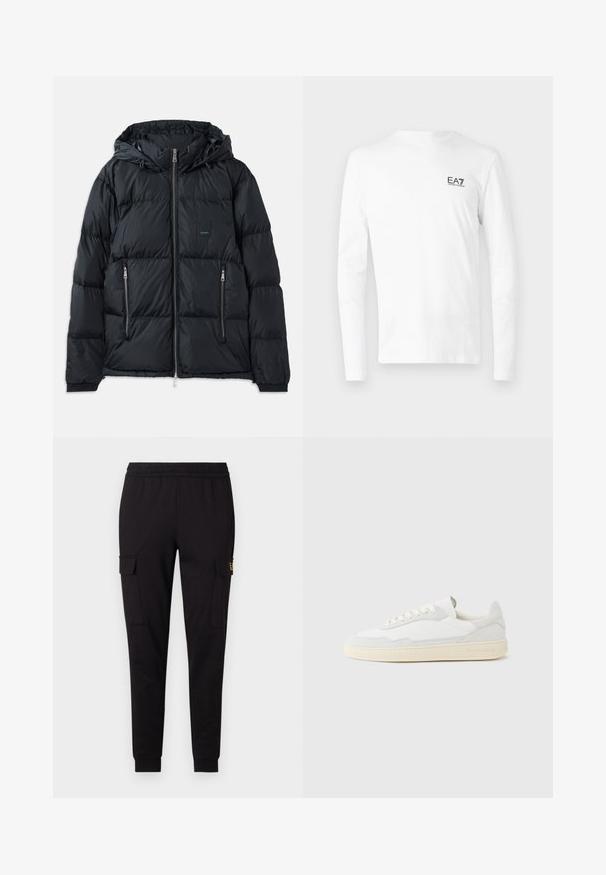 Doudoune noire avec fermeture éclair sur le devant, capuche ajustable, deux poches latérales zippées, et un design texturé et matelassé. Présente un patch logo.; T-shirt blanc à manches longues en coton, comportant un petit logo EA7 noir sur le côté gauche de la poitrine. Design simple avec un col rond.; Pantalons de jogging noirs en tissu doux, présentant une coupe fuselée et deux poches cargo latérales avec un logo discret sur une poche.; Baskets blanches avec dessus en daim et cuir texturé. Caractérisées par un bout arrondi, une fermeture à lacets et une semelle en caoutchouc beige contrastante.