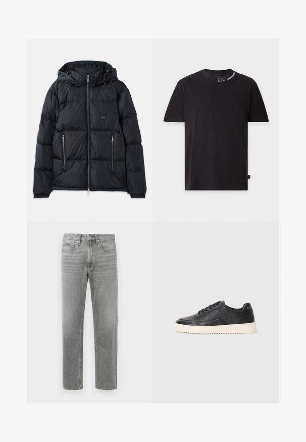 Doudoune noire avec fermeture éclair sur le devant, capuche ajustable, deux poches latérales zippées, et un design texturé et matelassé. Présente un patch logo.; T-shirt noir à manches courtes avec col rond et texte blanc "EA7 Emporio Armani" près de l'encolure, avec une petite étiquette logo sur l'ourlet latéral.; Jean en denim gris à coupe droite, avec un design classique à cinq poches et un léger dégradé pour la texture. Fermeture éclair standard.; Baskets en cuir noir avec finition texturée, bout rond et semelle plate en caoutchouc blanc. Présentent des lacets noirs et un logo sur le talon.