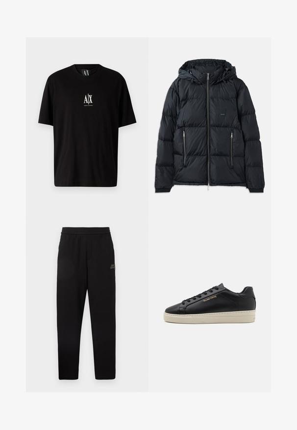 Chaqueta acolchada negra con cierre delantero, capucha ajustable, dos bolsillos laterales con cremallera y un diseño texturizado acolchado. Presenta un parche de logo.; Camiseta de algodón negra de manga corta, con cuello redondo y un pequeño logo blanco "A|X" centrado en el pecho.; Pantalones de chándal negros ajustados con cinturilla elástica y pequeño logotipo impreso en el muslo izquierdo superior.; Zapatilla de cuero negra con un acabado suave, suela crema en contraste, puntera redonda, logo dorado en el lateral y seis ojales para los cordones.