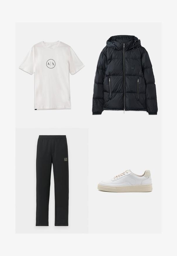 Doudoune noire avec fermeture éclair sur le devant, capuche ajustable, deux poches latérales zippées, et un design texturé et matelassé. Présente un patch logo.; T-shirt blanc en coton à manches courtes, avec un logo circulaire noir portant "A/X" au centre, design classique à col rond.; Pantalons de jogging noirs à jambe droite avec une taille élastique et un logo noir en patch sur le haut de la cuisse gauche.; Sneaker blanche avec un dessus en cuir lisse, des lacets beige et un onglet de talon en daim beige texturé. Semelle surélevée pour une hauteur supplémentaire.
