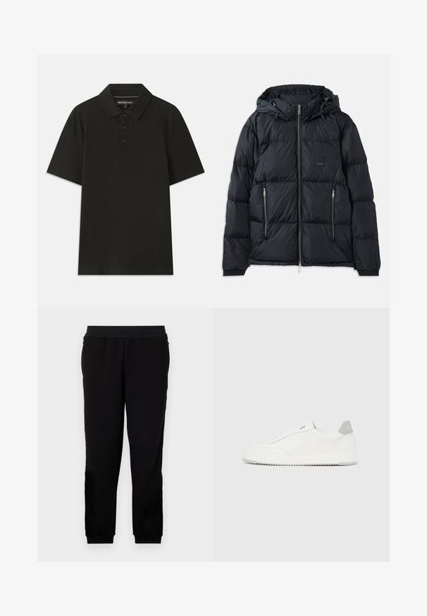 Chaqueta acolchada negra con cierre delantero, capucha ajustable, dos bolsillos laterales con cremallera y un diseño texturizado acolchado. Presenta un parche de logo.; Polo negro hecho de tejido texturizado. Cuenta con una tapeta de tres botones y un cuello estándar. Mangas cortas y dobladillo recto.; Pantalones de chándal negros hechos de un material suave, con una banda elástica en la cintura, puños ajustados y bolsillos laterales para mayor comodidad.; Zapatilla blanca de corte bajo con pestaña en el talón gris, cordones blancos y suela texturizada, presentada sobre un fondo claro y liso.