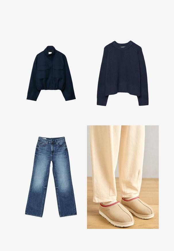 Veste courte bleu marine avec col montant, deux grandes poches à rabat à l'avant, manches longues et ourlet élastiqué.; Pull en tricot bleu marine avec un col rond, un ourlet côtelé et des manches raglan. Confectionné dans une texture douce pour le confort et la chaleur.; Jean en denim bleu avec un effet délavé sur les cuisses, coupe droite à jambes larges, fermeture avant avec bouton, fermeture éclair, et style cinq poches.; Pieds portant des chaussons beiges avec une bordure rouge et un pantalon crème debout sur un sol en bois.