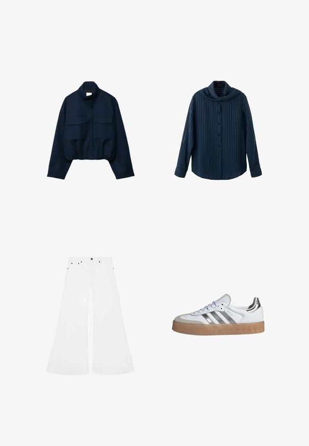 Navyblauw kort jasje met hoge kraag, twee grote klepzakken aan de voorkant, lange mouwen en elastische zoom.; Marineblauw overhemd met lange mouwen, witte verticale krijtstreepjes en een brede, vallende kraag.; Witte uitlopende jeans van denim, met een knoopsluiting, vijf zakken en zwarte metalen hardwareaccenten.; Witte sneaker met zilveren drie strepen, een tan rubberen zool en een witte textuur bovenwerk met een ronde neus en vetersluiting.