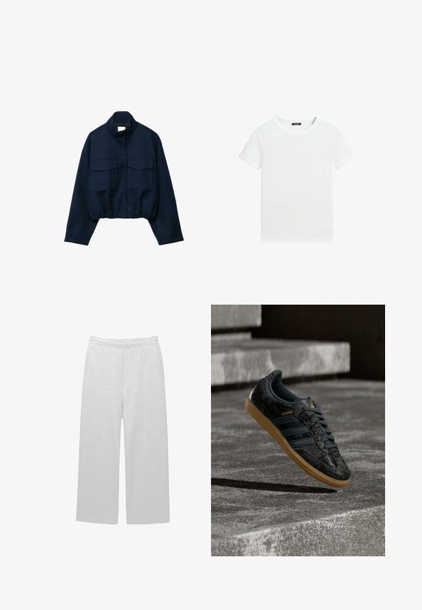 Veste courte bleu marine avec col montant, deux grandes poches à rabat à l'avant, manches longues et ourlet élastiqué.; T-shirt blanc uni à manches courtes avec un col rond et une petite étiquette noire à l’intérieur du col.; Pantalons blancs à jambes larges en tissu doux avec une taille élastique et deux poches latérales ; texture lisse et détails minimaux.; Baskets Adidas Samba noires avec motif texturé, semelle en gomme et logo doré, positionnées en plein air au-dessus de marches en béton.