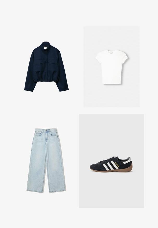 Marineblå cropped jakke med høj krave, to store frontlommer med klap, lange ærmer og elastisk kant.; Hvid kortærmet t-shirt lavet af blød bomuld, med rund halsudskæring og en tætsiddende form. Ingen synlige mønstre eller udsmykninger.; Lyseblå, vide jeans lavet af denim, med høj talje, fem lomme-design og synlige sømme langs kanterne.; Sort ruskindssneaker med tre hvide striber, gummisål og et lille gyldent logo på siden. Har en glat sort foring indvendigt.