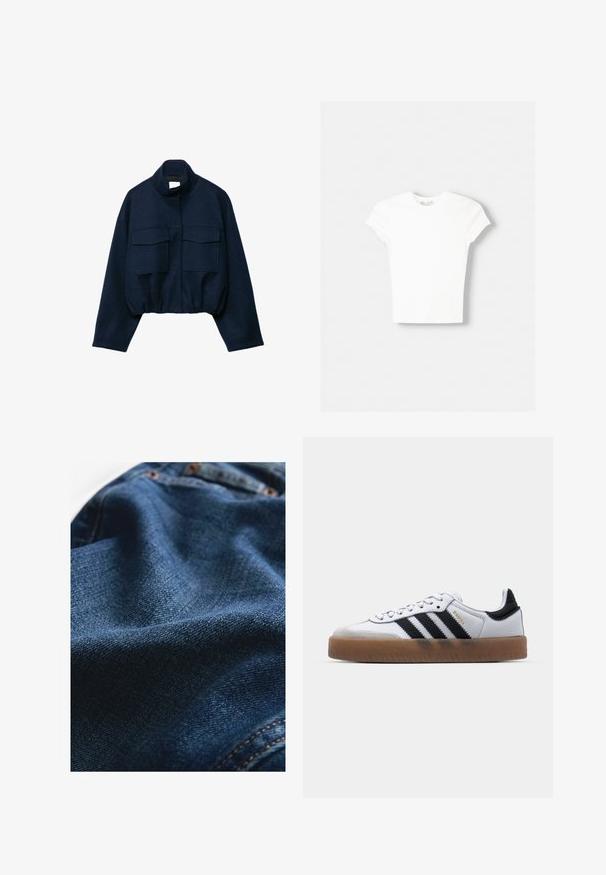 Marineblå cropped jakke med høj krave, to store frontlommer med klap, lange ærmer og elastisk kant.; Hvid kortærmet t-shirt lavet af blød bomuld, med rund halsudskæring og en tætsiddende form. Ingen synlige mønstre eller udsmykninger.; Denimstof i mørkeblå, med en glat tekstur og subtile vævningsvariationer samt kontrasterende syningsdetaljer.; Hvide lædersneakers med sorte striber, gummirubber sål, rund tå, snørelukning og blød grå ruskinds tåhætte.