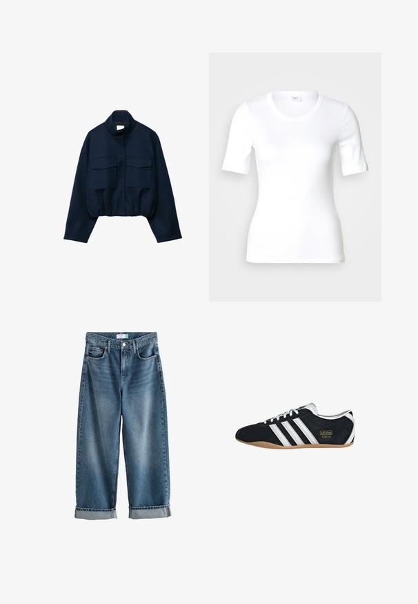 Marineblå cropped jakke med høj krave, to store frontlommer med klap, lange ærmer og elastisk kant.; Hvid T-shirt med korte ærmer lavet af glat bomuld, med rund halsudskæring og en tætsiddende pasform. Klassisk design uden mønstre eller detaljer.; Blå denim boyfriend jeans med opbuk, forreste knap- og lynlåslukning samt synlige forlommer.; Sort ruskinds sneaker med hvide tre striber, guldlogo og en brun gummisål. Har et lavprofil snørebåndsdesign.