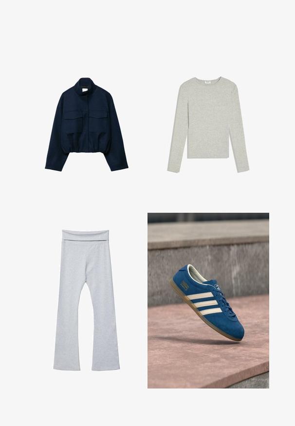 Veste courte bleu marine avec col montant, deux grandes poches à rabat à l'avant, manches longues et ourlet élastiqué.; Chemise gris clair à manches longues avec col rond, coupe ajustée et sans motifs ou logos visibles, posée à plat sur un fond blanc.; Leggings grises évasés avec une large ceinture douce, fabriquées dans un tissu lisse et extensible. Présentent une coupe ajustée et une longueur cheville.; Baskets en daim bleu avec bandes et lacets crème, semelle en caoutchouc naturel, surface texturée, bout arrondi et logo sur le côté.