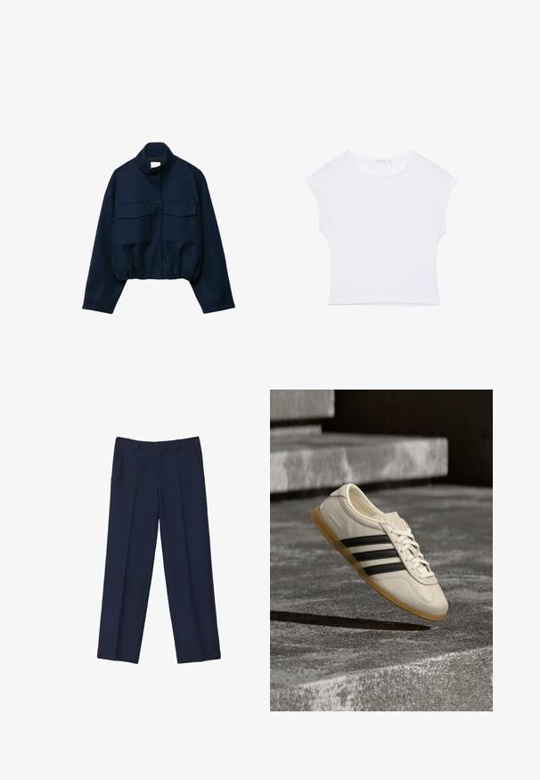 Veste courte bleu marine avec col montant, deux grandes poches à rabat à l'avant, manches longues et ourlet élastiqué.; T-shirt court blanc à manches courtes avec col rond, en tissu lisse, posé à plat sur un fond blanc.; Pantalon ajusté bleu marine avec une jambe droite, doté de plis devant et de poches latérales. Le tissu semble lisse et structuré.; Baskets blanches avec des bandes noires et une semelle en gomme flottant au-dessus d’escaliers en béton dans une lumière douce du jour.