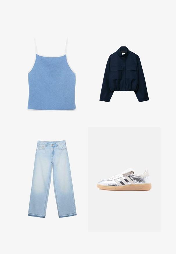Marineblå cropped jakke med høj krave, to store frontlommer med klap, lange ærmer og elastisk kant.; Lyseblå strikket tanktop med hvid kant, der har tynde skulderstropper og en tætsiddende design med en glat, tekstureret overflade.; Lyseblå vidde bukser med høj talje, forreste knap, lynlås og fem-lomme design, lagt fladt på en hvid baggrund.; Sølvmetallic Adidas Spezial-sneaker med hvide striber og gummisål, vist fra venstre side på en ensartet hvid baggrund.