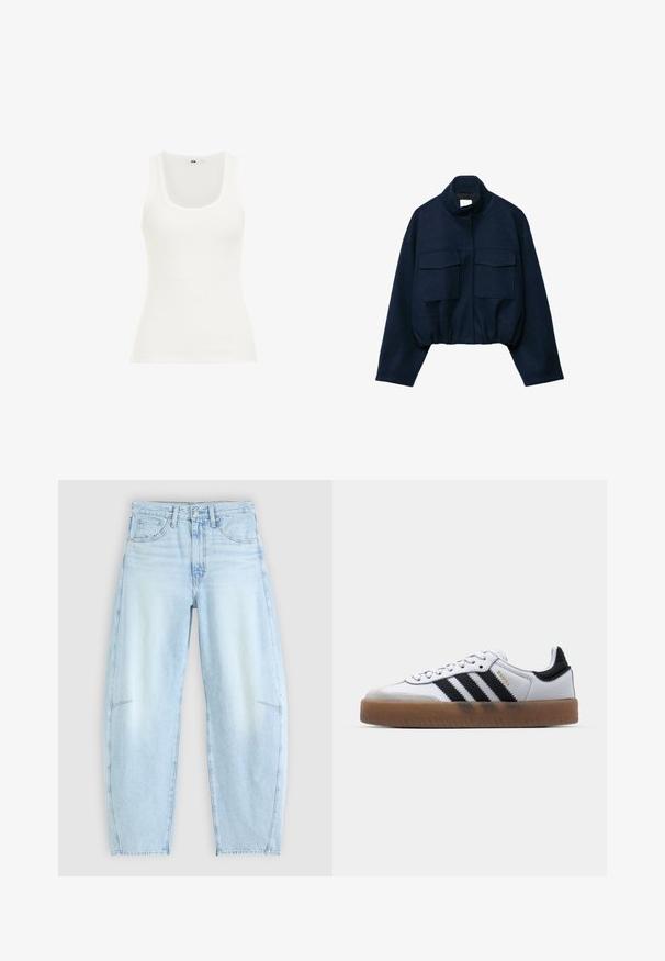 Marineblå cropped jakke med høj krave, to store frontlommer med klap, lange ærmer og elastisk kant.; Hvid ribbet tanktop med rund halsudskæring og brede stropper. Stoffet ser strækbart og tætsiddende ud, velegnet til lag-på-lag eller afslappet brug.; Lyseblå denimjeans med en afslappet pasform, der har høj talje, fem-lommers design og subtilt slid med frynset kant.; Hvide lædersneakers med sorte striber, gummirubber sål, rund tå, snørelukning og blød grå ruskinds tåhætte.