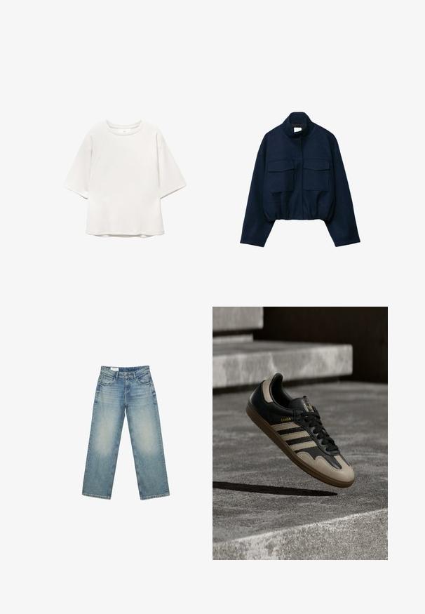 Veste courte bleu marine avec col montant, deux grandes poches à rabat à l'avant, manches longues et ourlet élastiqué.; T-shirt blanc à manches courtes, col rond, avec des manches raglan et des détails de couture discrets sur le devant et les épaules, posé à plat sur un fond blanc.; Jean en denim bleu clair à coupe droite avec poches avant, passants pour ceinture et fermeture par bouton, présenté sur un fond blanc.; Baskets en cuir noir et beige avec trois bandes blanches, semelle en caoutchouc beige et détail en or "Samba" sur le côté.