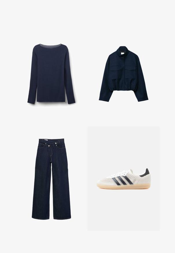 Marineblå cropped jakke med høj krave, to store frontlommer med klap, lange ærmer og elastisk kant.; Langærmet marineblå top lavet af blød stof, med en rund halsudskæring og en afslappet pasform. Kantene på kanten og ærmerne er pænt afsluttet.; Mørkeblå bredbenede denimjeans med høj talje og knaplukning, der har for- og baglommer samt brun syning.; Hvide mesh-sneakers med sort tre-stribet design, rundet tå og gummisål. Har blød hælkant og snørelukning.