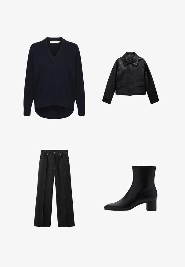 Sort cropped læderjakke med krave, frontlukning med knapper og to store flaplommer. Glat tekstur og struktureret form.; Marineblå V-hals sweater med lange ærmer, en afslappet pasform og en buet kant. Fremstillet af blødt, struktureret stof med minimale labels.; Bredde ben sorte denimbukser med knaplukning, frontlommer og et tekstureret stof. Designet til en løs pasform.; Sort læderankelstøvle med spids tå og blokhæl. Glat overflade med diskret syningsdetalje omkring den øverste kant.
